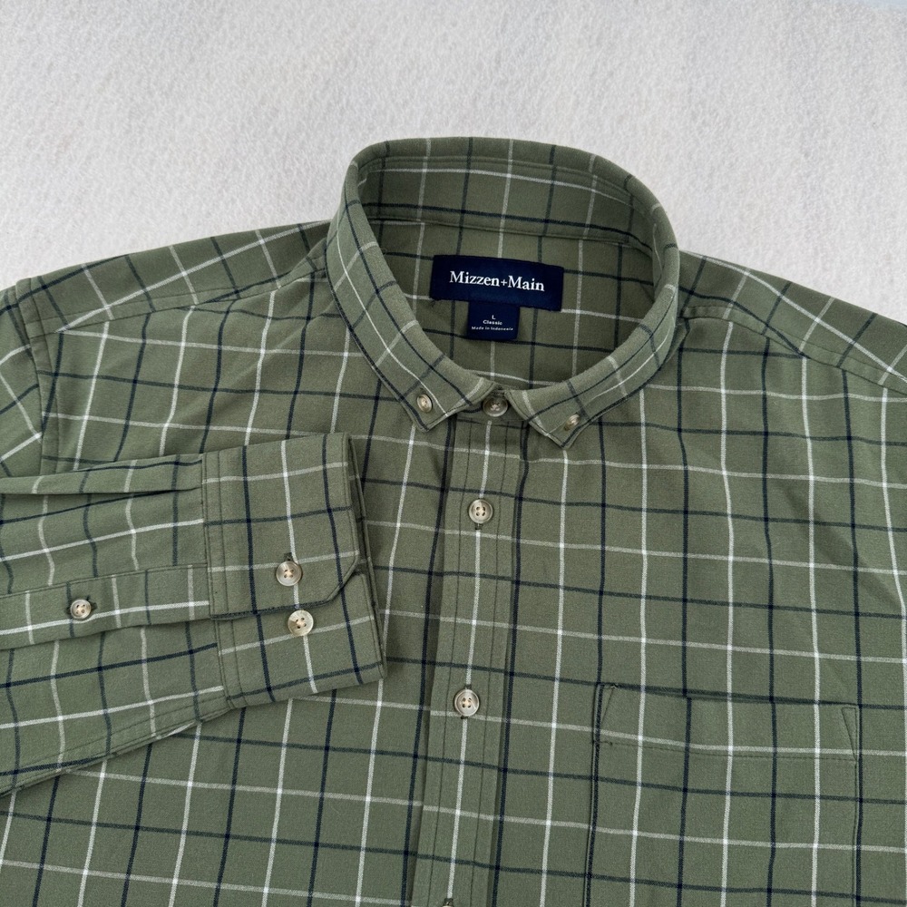 Mizzen+Main Mens L Classic Fit Long Sleeve City Flannel Olive Green Plaid Fall